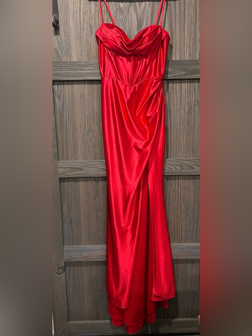 JVN by Jovani JVN4390 Red Cowl Neckline Side Slit Prom Dress Neck Prom Dress